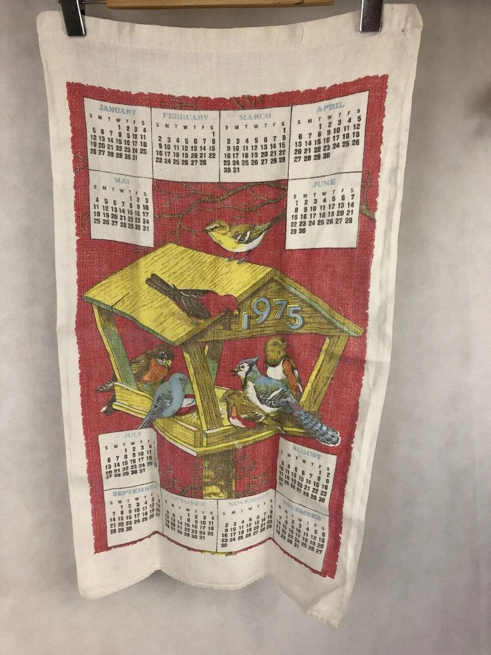 1975 Calendar Kitchen Linen Cotton Towel Bird Feeder Blue Jay Cardinal Chickadee
